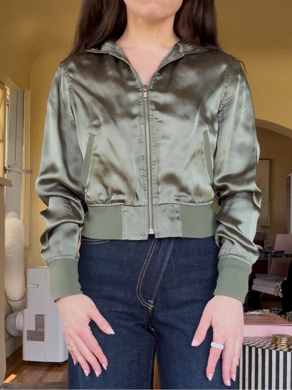 Vince Cropped Satin Bomber Jacket in Olive Green